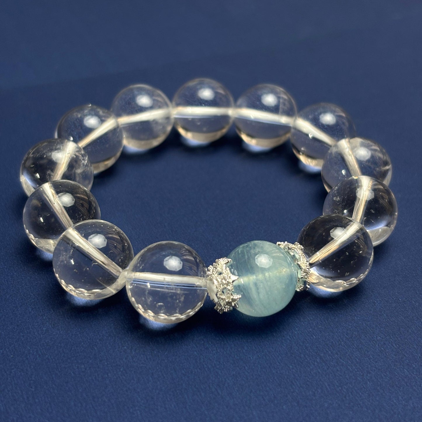 Women's white crystal and aquamarine bracelet   Bead diameter 15.5mm